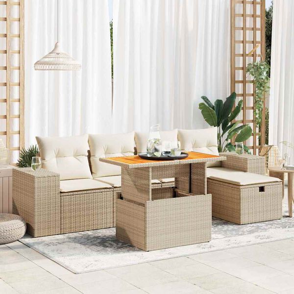 vidaXL Salon de jardin 6 pcs avec coussins beige r&eacute;sine tress&eacute;e acacia