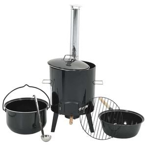 vidaXL Canon &agrave; goulasch avec chemin&eacute;e et couvercle noir acier &eacute;maill&eacute;