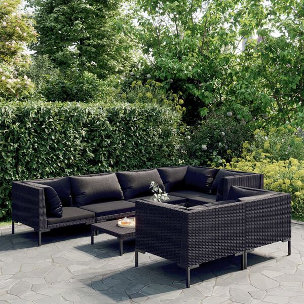 vidaXL Salon de jardin 8 pcs avec coussins Résine tressée Gris foncé