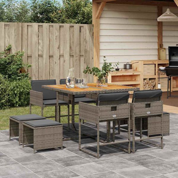 vidaXL Ensemble &agrave; manger de jardin 9 pcs coussins gris r&eacute;sine tress&eacute;e