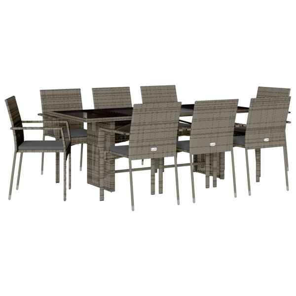 vidaXL Ensemble &agrave; manger de jardin 9 pcs coussins gris r&eacute;sine tress&eacute;e