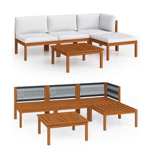 vidaXL Salon de jardin 5 pi&egrave;ces avec coussins, bois d'acacia cr&egrave;me et corde