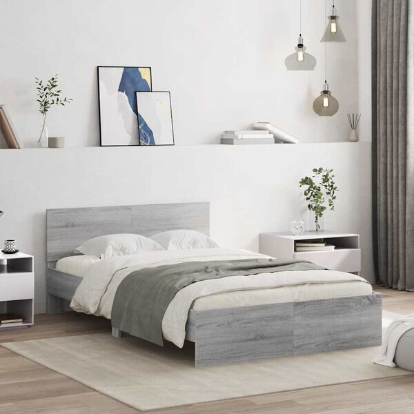 vidaXL Cadre de lit avec t&ecirc;te de lit et LED sonoma gris 135x190 cm