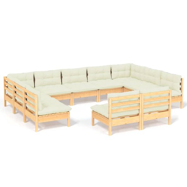 vidaXL Salon de jardin 11 pcs avec coussins cr&egrave;me Bois de pin solide