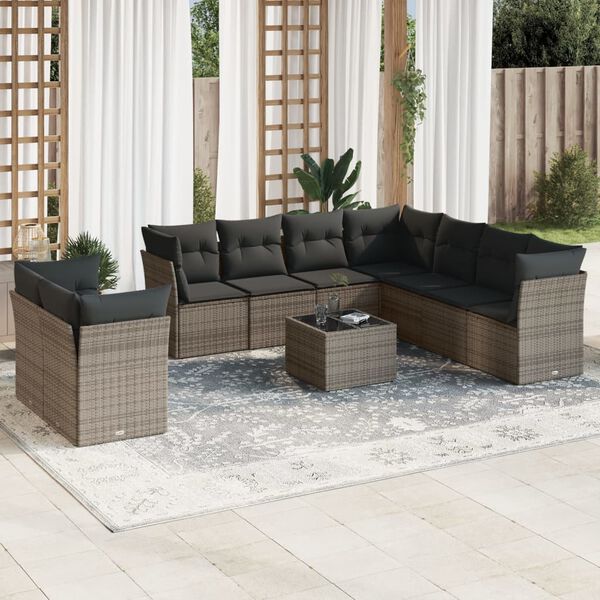 vidaXL Salon de jardin avec coussins 10 pcs gris r&eacute;sine tress&eacute;e