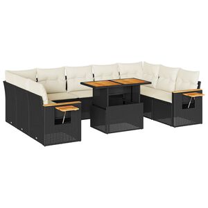 vidaXL Salon de jardin 10 pcs avec coussins noir r&eacute;sine tress&eacute;e acacia