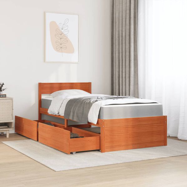 vidaXL Lit avec tiroirs/matelas cire marron 100x200 cm bois massif pin