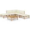 vidaXL Salon de jardin 6 pcs avec coussins blanc cr&egrave;me bambou