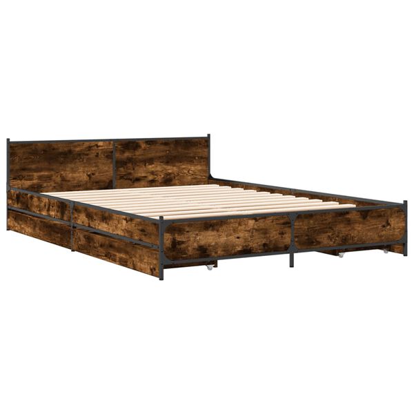 vidaXL Cadre de lit avec tiroirs sans matelas ch&ecirc;ne fum&eacute; 160x200 cm