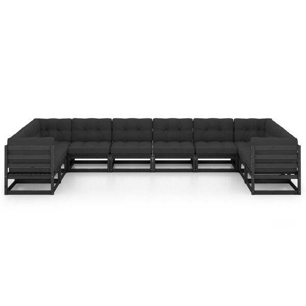 vidaXL Salon de jardin 10 pcs avec coussins Noir Bois de pin massif