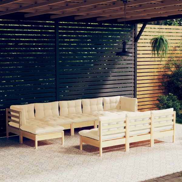 vidaXL Salon de jardin 10 pcs avec coussins cr&egrave;me Bois de pin