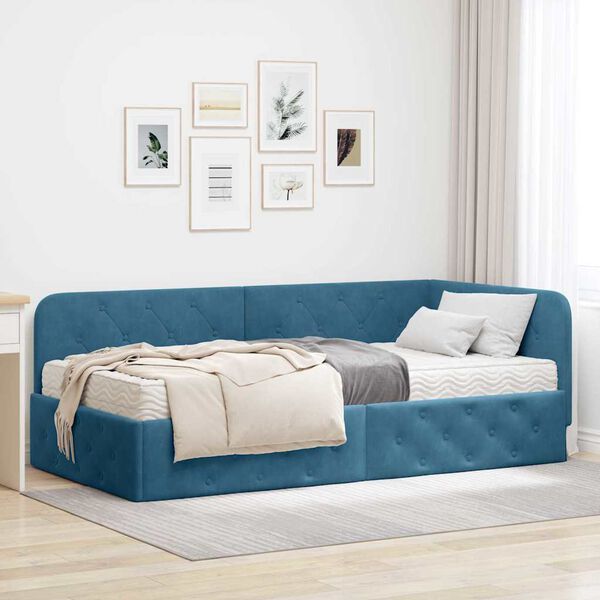 vidaXL Cadre de lit d'angle avec matelas Bleu 100 x 200 cm Velours