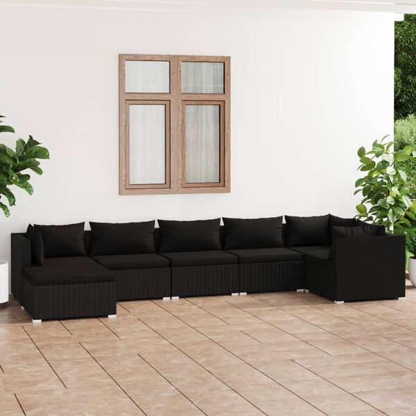 vidaXL Salon de jardin 7 pcs avec coussins R&eacute;sine tress&eacute;e Noir