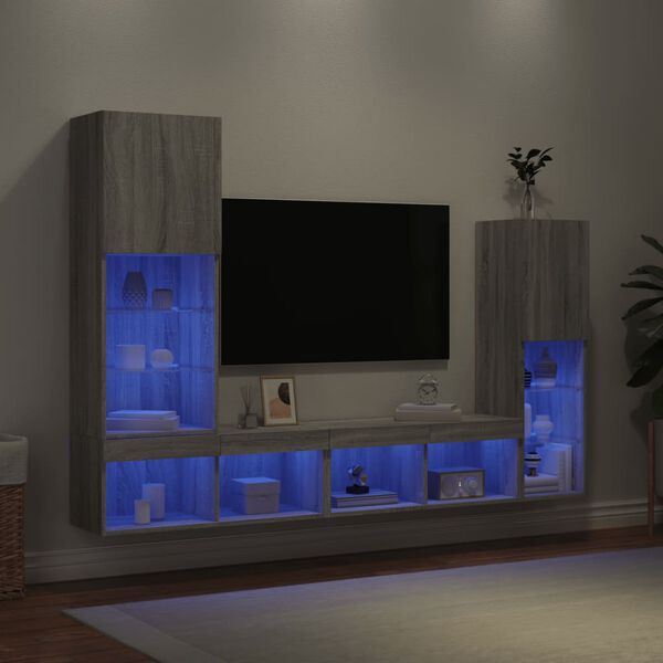 vidaXL Unit&eacute;s murales TV avec LED 4 pcs gris sonoma bois d'ing&eacute;nierie