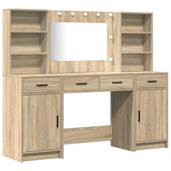 vidaXL Ensemble de table de maquillage avec LED 3 pcs Ch&ecirc;ne Sonoma