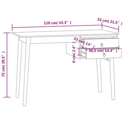 vidaXL Bureau avec 2 tiroirs 110x52x75 cm Bois de teck solide