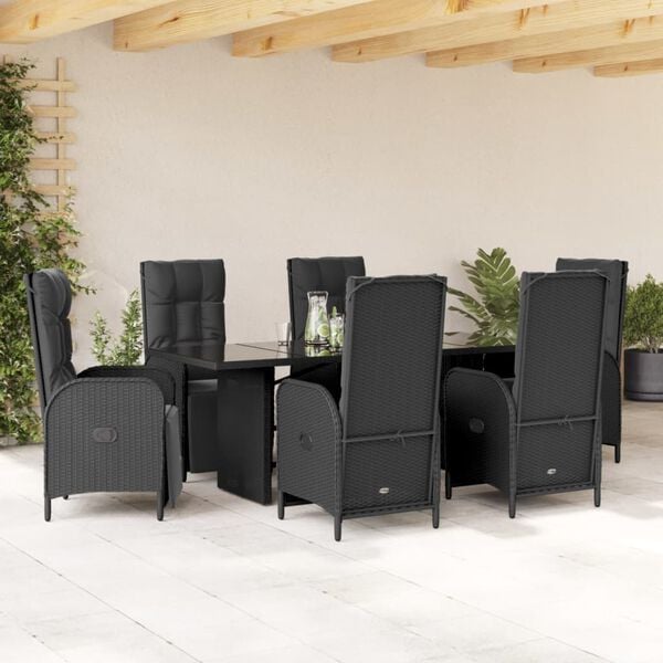 vidaXL Ensemble &agrave; manger de jardin coussins 7pcs Noir R&eacute;sine tress&eacute;e