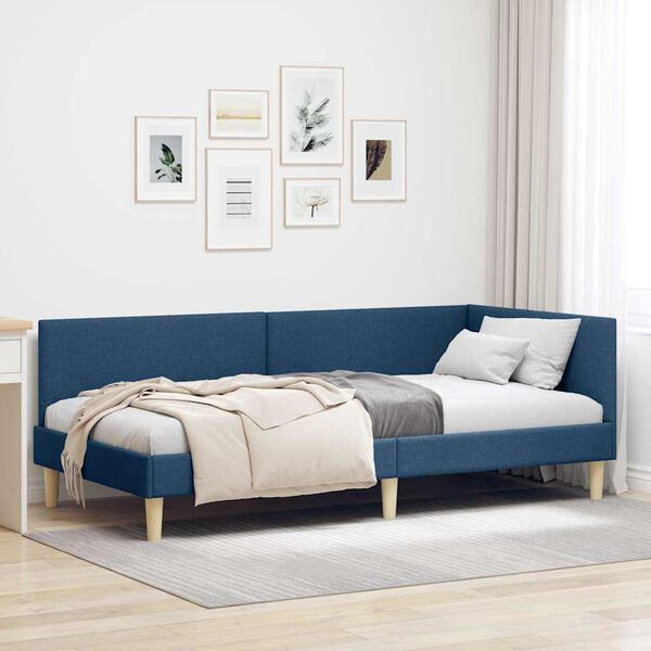 vidaXL Cadre de lit d'angle Bleu 90 cm x 200 cm Tissu et Contreplaqu&eacute;