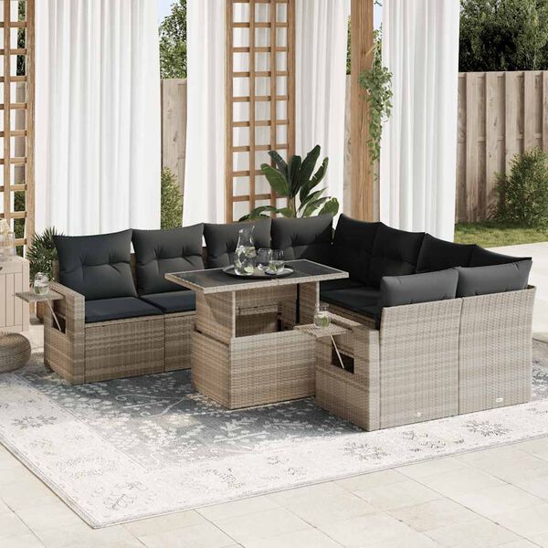 vidaXL Salon de jardin 9 pcs avec coussins gris clair r&eacute;sine tress&eacute;e