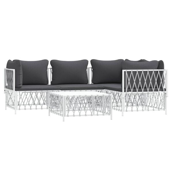 vidaXL Salon de jardin avec coussins 5 pcs blanc acier