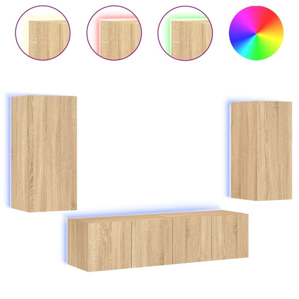 vidaXL Unit&eacute;s murales TV avec LED 4 pcs ch&ecirc;ne sonoma bois d'ing&eacute;nierie