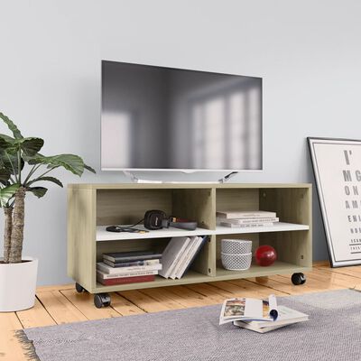 vidaXL Meuble TV avec roulettes Blanc et chêne sonoma 90x35x35 cm