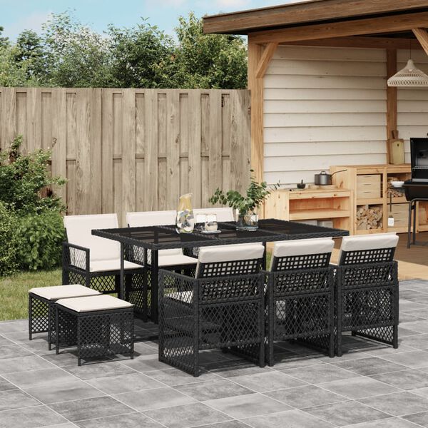 vidaXL Ensemble &agrave; manger de jardin 11 pcs coussins noir r&eacute;sine tress&eacute;e