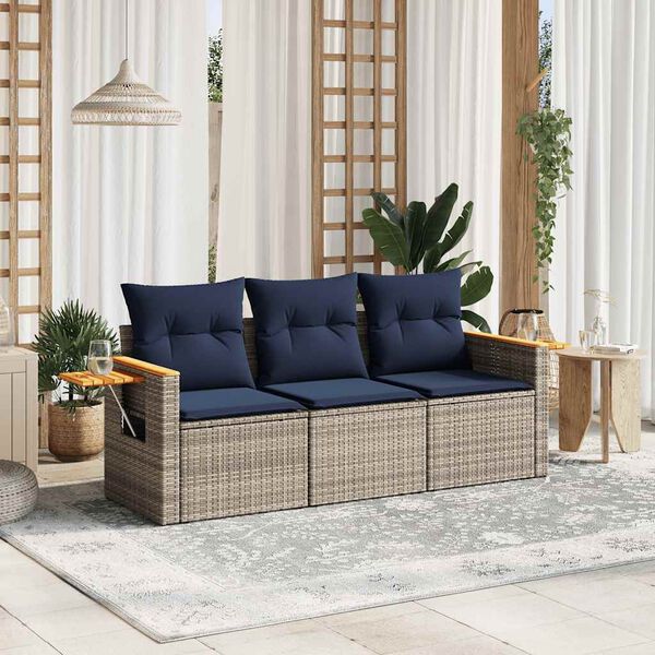 vidaXL Salon de jardin avec coussins 3 pcs gris r&eacute;sine tress&eacute;e