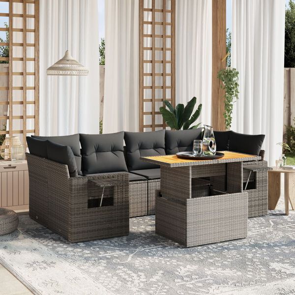 vidaXL Salon de jardin avec coussins 7 pcs gris r&eacute;sine tress&eacute;e