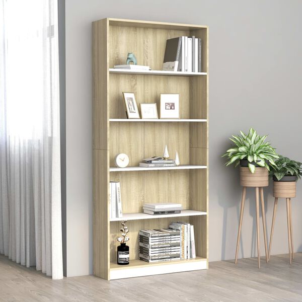 vidaXL Biblioth&egrave;que &agrave; 5 niveaux Blanc et Ch&ecirc;ne sonoma Bois ing&eacute;nierie