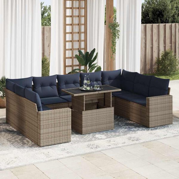 vidaXL Salon de jardin avec coussins 10 pcs gris r&eacute;sine tress&eacute;e acacia