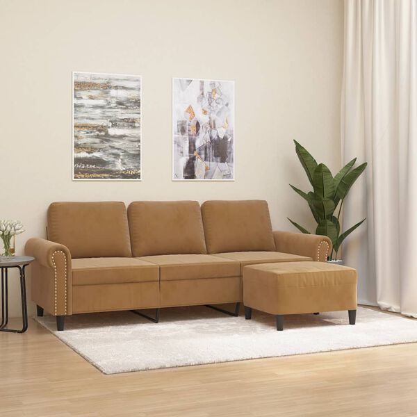 vidaXL Canap&eacute; &agrave; 3 places avec repose-pieds Marron 180 cm Velours