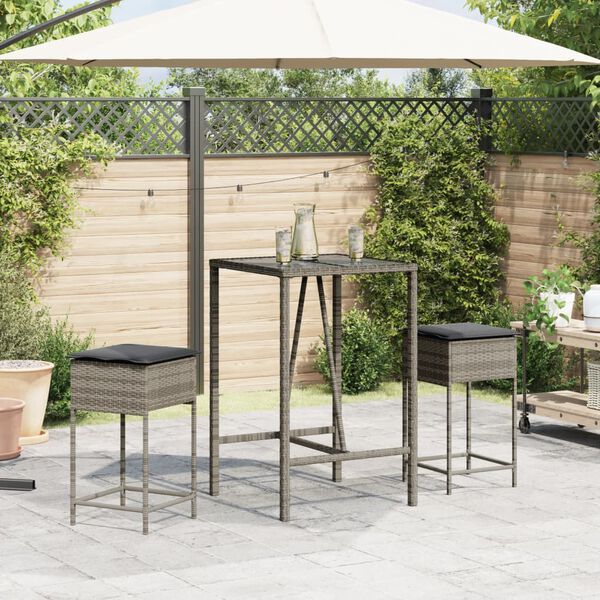 vidaXL Ensemble de bar de jardin 3 pcs et coussins gris r&eacute;sine tress&eacute;e