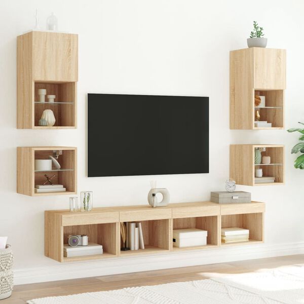 vidaXL Table de chevet murale avec lumi&egrave;res LED ch&ecirc;ne sonoma
