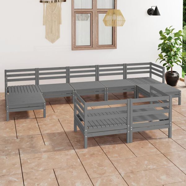 vidaXL Salon de jardin 9 pcs Gris Bois de pin massif