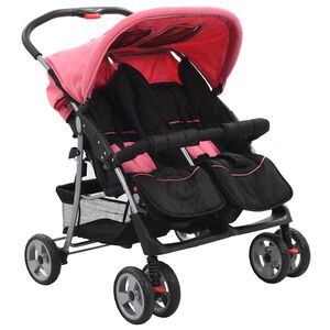 vidaXL Poussette &agrave; deux places Rose et noir Acier