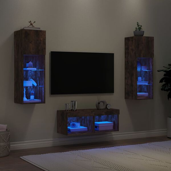 vidaXL Meuble TV muraux 4 pcs avec lumi&egrave;res LED ch&ecirc;ne fum&eacute;