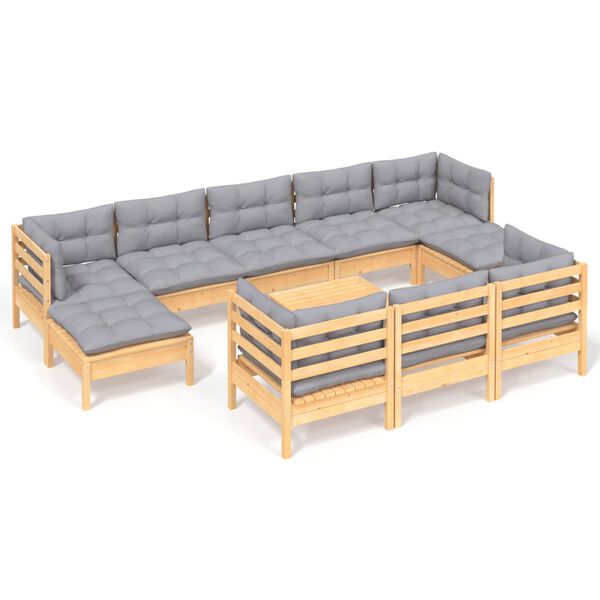 vidaXL Salon de jardin 11 pcs avec coussins gris Bois de pin solide