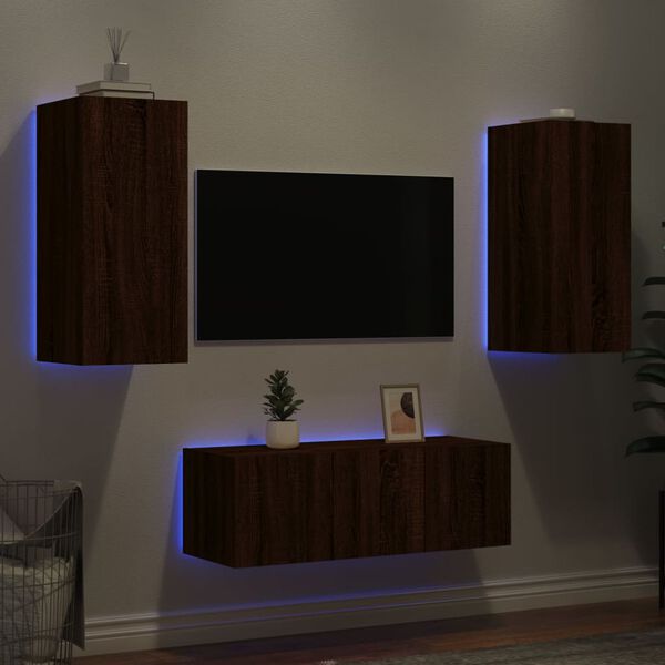 vidaXL Unit&eacute;s murales TV avec LED 4 pcs ch&ecirc;ne marron bois d'ing&eacute;nierie