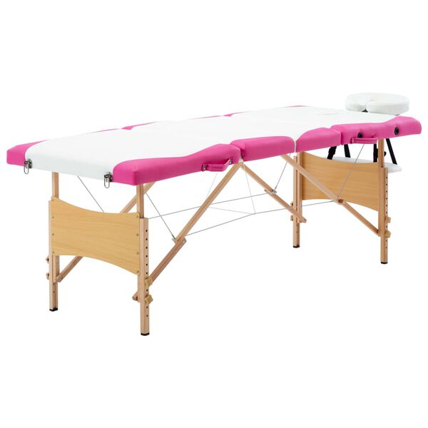 vidaXL Table de massage pliable 4 zones Bois Blanc et rose