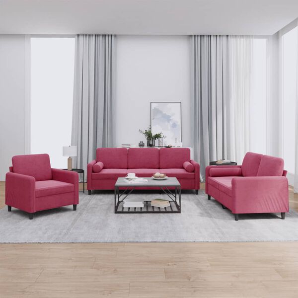vidaXL Ensemble de canap&eacute;s 3 pcs avec coussins rouge bordeaux velours