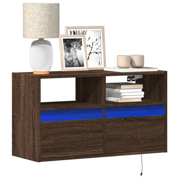 vidaXL Meuble TV mural avec lumi&egrave;res LED ch&ecirc;ne marron 80x31x45 cm