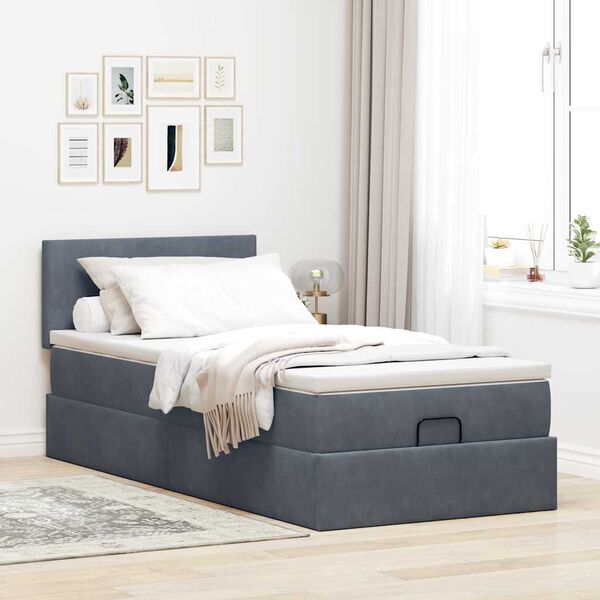 vidaXL Cadre de lit ottoman avec matelas gris foncé 100x200 cm velours