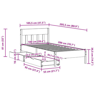 vidaXL Cadre de lit sans matelas blanc 100x200 cm bois de pin massif