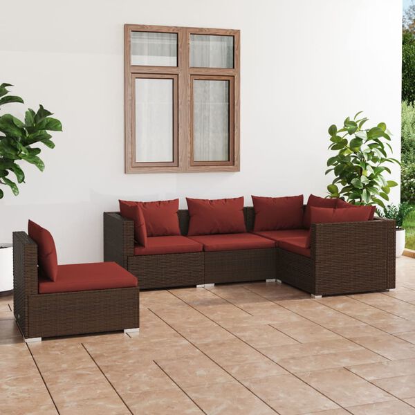 vidaXL Salon de jardin 5 pcs avec coussins r&eacute;sine tress&eacute;e marron