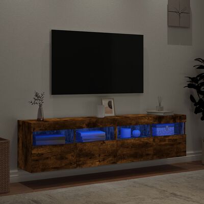vidaXL Meubles TV muraux et lumières LED 2pcs chêne fumé 80x30x40 cm