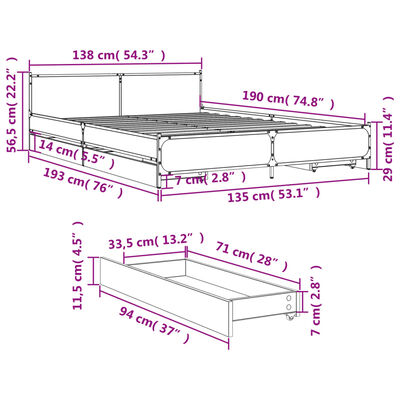 vidaXL Cadre de lit avec tiroirs sans matelas chêne fumé 135x190 cm