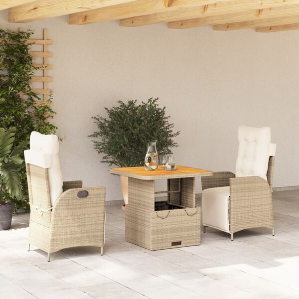 vidaXL Ensemble &agrave; manger de jardin et coussins 3 pcs Beige poly rotin
