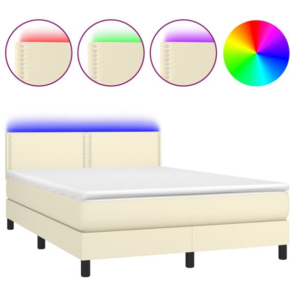 vidaXL Sommier &agrave; lattes de lit avec matelas et LED Cr&egrave;me 140x190 cm