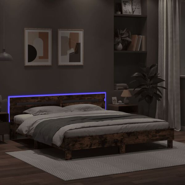 vidaXL Cadre de lit avec LED sans matelas ch&ecirc;ne fum&eacute; 200x200 cm
